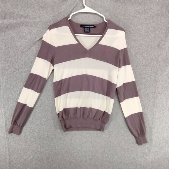 Ralph Lauren Sport Pullover Sweater Womens Size M Lavender White Striped V-Neck - Picture 1 of 11